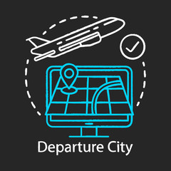 Departure city chalk icon. Plane flying up. Travel and journey. Aircraft taking off. Immigration. Departure point, route. Destination country. Isolated vector chalkboard illustration