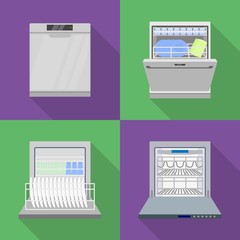 Dishwasher icons set. Flat set of dishwasher vector icons for web design