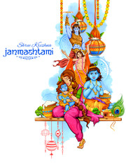 illustration of Lord Krishna playing bansuri flute in Happy Janmashtami festival background of India