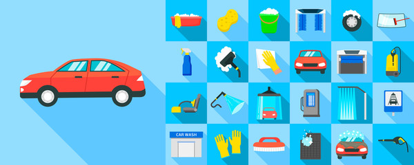 Car wash icons set. Flat set of car wash vector icons for web design - obrazy, fototapety, plakaty