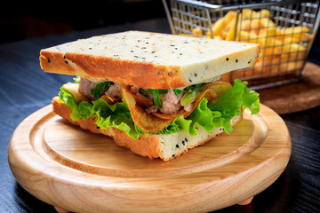 American fast food. Juicy tuna sandwich with chips, lettuce and french fries on a dark background. Club food.