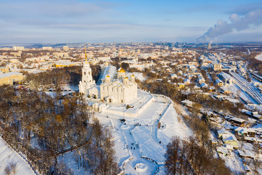 Assumption church in Vladimir town at sunset, Russia. Aerial drone view
