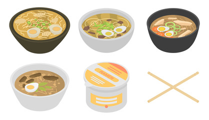 Ramen icons set. Isometric set of ramen vector icons for web design isolated on white background