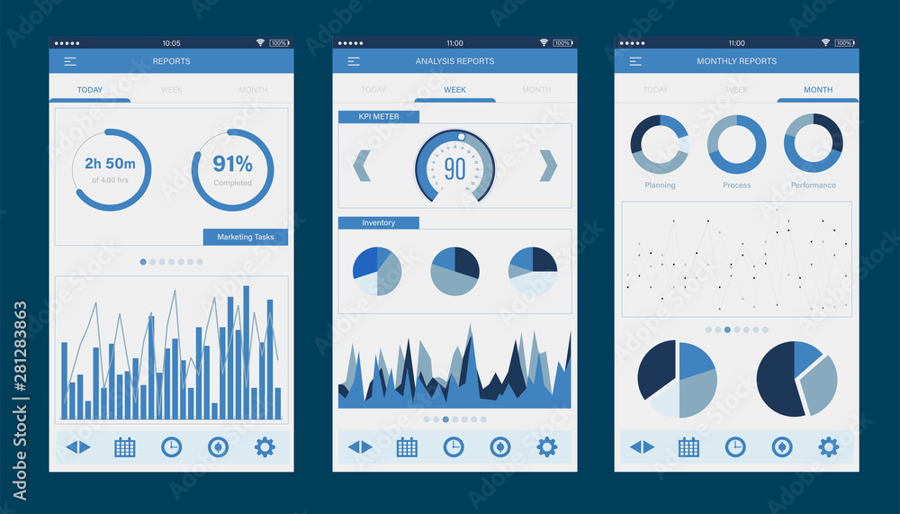 Poster business management reports dashboard ui mobile app. mobile app infographic template with daily, wee