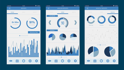 Business Management Reports Dashboard UI mobile app. Mobile app infographic template with daily, weekly and monthly statistics graphs. Concept mobile app for IT admin web design, UI elements.  - obrazy, fototapety, plakaty