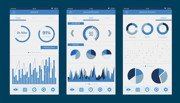 Business Management Reports Dashboard UI mobile app. Mobile app infographic template with daily, weekly and monthly statistics graphs. Concept mobile app for IT admin web design, UI elements. 
