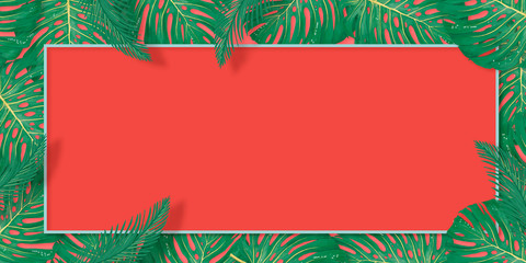 Tropical palm leaves frame on coral backdrop. Summer tropical leaf. Exotic hawaiian jungle, summertime background. Pastel monochrome art colorful minimal style, White frame square. Banner for text