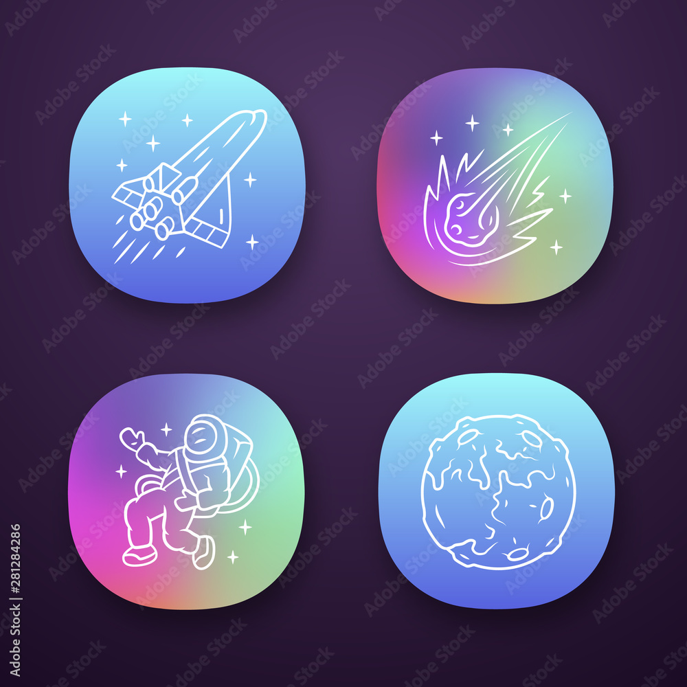 Poster astronomy app icons set. space exploration. moon, spaceship, comet, astronaut. astrophysics. galaxy 