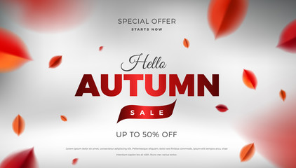 Autumn sale background with red leaves, fall nature vector design elements.Web layout template