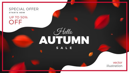 Obraz premium Autumn sale banner background with red leaves, fall nature vector design elements. Web layout template