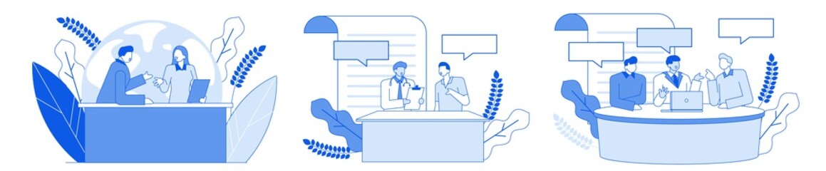 Modern cartoon flat people characters talking, thin contour style. Outline character people in conversation. Evening News. Medical checkup. Business conversation