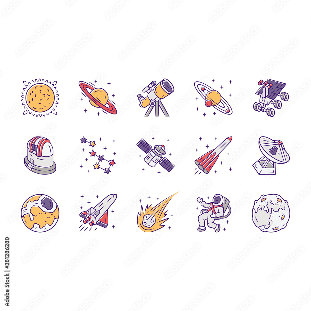 Poster astronomy color icons set. space exploration. astronomical observations. starry sky study. astrophys