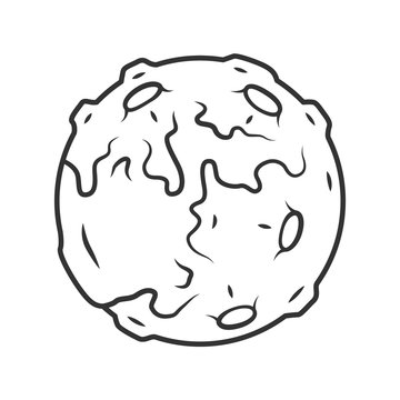 Moon linear icon. Earth satellite. Fantastic planet with volcanoes. Spherical space object. Solar system body. Thin line illustration. Contour symbol. Vector isolated outline drawing. Editable stroke