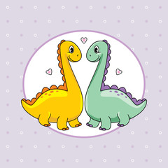 Two funny enamored dinos on abstract background for scrapbook