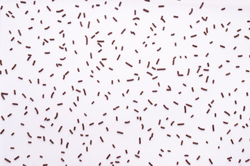 flat lay of chocolate sprinkles over white background like background, top view