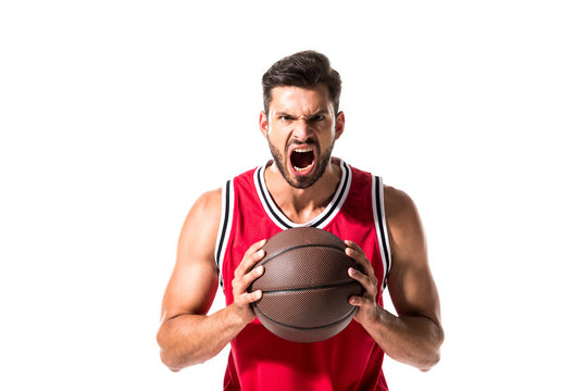 Angry Basketball Player With Ball Isolated On White