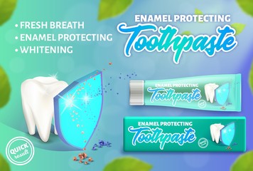 Advertising design concept of the enamel protecting toothpaste. 3d vector illustration of white tooth under the shield.