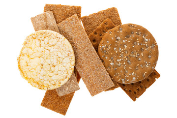 setting of crispbreads isolated on white background, healthy snacks
