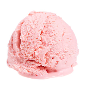 melt pink raspberry scoop of sundae ice cream isolated on white background, close up