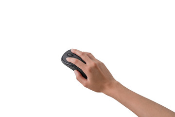 hand holding wireless black mouse on white background and clipping path