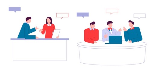 Modern cartoon flat people characters talking, colourful contour style. Colorful character people in conversation. Evening news.