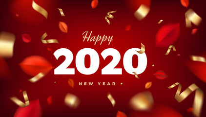 Rich red banner background with flying leaves and golden confetti decoration, fall nature vector design elements. Web layout blank template