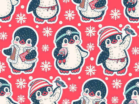 Seamless pattern with cute penguins
