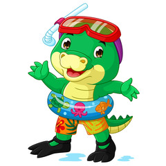 Cartoon crocodile with inflatable ring isolated on a white background