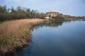 Fototapeta premium Beautiful landscape of blue lake and reeds