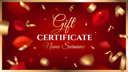 Gift certificate template design with autumn red leaves and ornate decoration