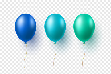 Set of vector glossy balloons in blue and green colors. 3d realistic decorative elements for holiday design. Isolated on transparent background.
