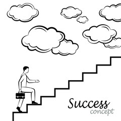 Success concept. Businessman leader climbs up the career ladder to abstract clouds and sky background. Business growth and startup development concept.