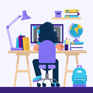 Girl sitting at the desk, learning with computer. Concept illustration for online learning, education, office work, school or university. Vector illustration in flat style