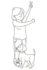 Teenager smiling and walking the dog cartoon in black and white