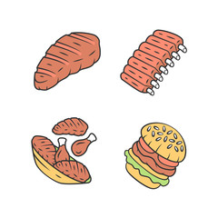 Meat dishes color icons set. Steak, beef ribs, chicken legs, burger. Fast food. Butcher shop product. Restaurant, grill bar, steakhouse menu. Isolated vector illustrations