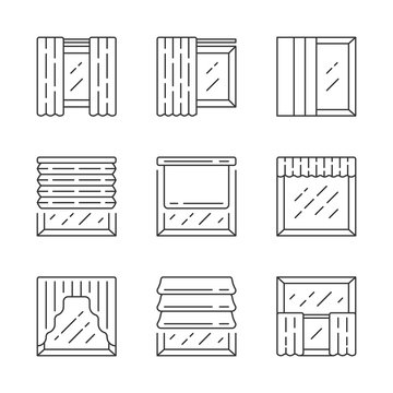 Window Shutters Linear Icons Set. Oller, Roman Shades, Panel, Swags, Valance. Motorized Jalousie. Home Interior Shop. Thin Line Contour Symbols. Isolated Vector Outline Illustrations. Editable Stroke