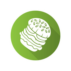 Burger flat design long shadow glyph icon. Fast food cafe, restaurant, snack bar menu. Hamburger, cheeseburger, vegan burger. Quick meal. Sandwich, patty and sesame bun. Vector silhouette illustration