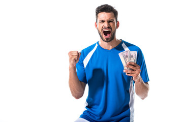 soccer player cheering with dollar banknotes Isolated On White