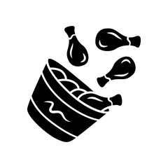 Chicken bucket glyph icon. BBQ chicken drumsticks, legs. Unhealthy fast food. Cafe, steakhouse menu. Meat cookery. Street food. Silhouette symbol. Negative space. Vector isolated illustration