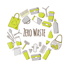 Zero waste round concept - vector illustration. Collection of zero waste reusable items and products - eco grocery bag, recyclable comb, toothbrush, menstrual cup, thermo bottles.