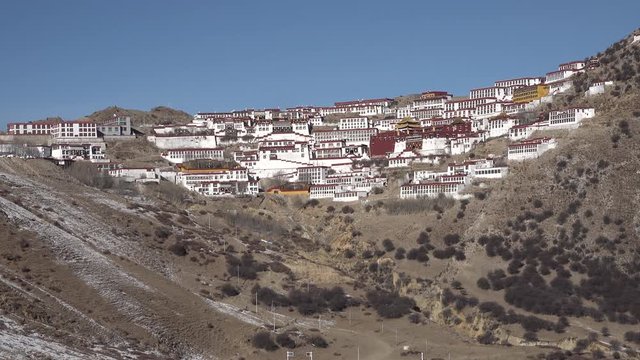 Panoramic view of rebuilt Ganden monastery, important place of worship and education in Gelug university Tibet