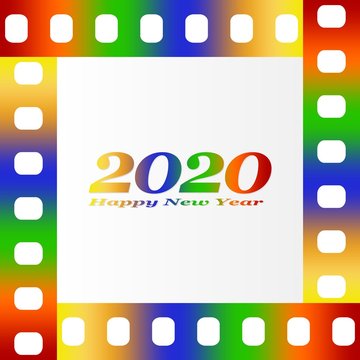 New year greetings for 2020 with colorful blank film and photographic window with color inscription Happy new year and number 2020 on a background of color film strips