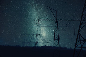Night landscape with high-voltage power line