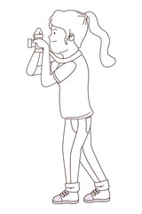 Teenager girl taking photos with camera in black and white