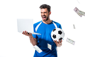 cheering soccer player with ball and laptop near falling money Isolated On White