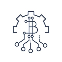 Financial electronic technology Bitcoin. Implementation. Vector linear icon on white background.