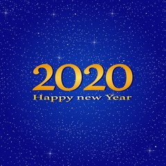 New year greetings for year 2020 with bright blue background with glowing stars with yellow lights with number