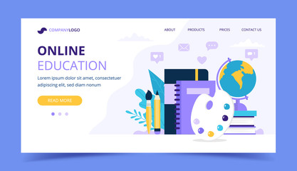 Online education landing page with different studying items - books, notebook, painting palette, globe. Vector illustration in flat style