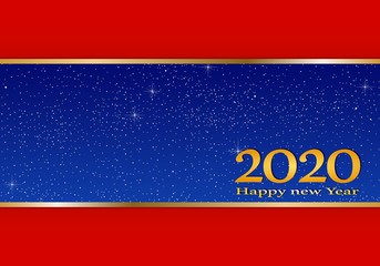 New year greetings for year 2020 with bright blue background and red strip and gold ribbon with glowing stars with yellow lights with number