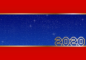 New year greetings for year 2020 with bright blue background and red strip and gold ribbon with glowing stars with yellow lights with number